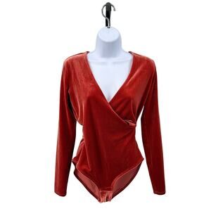 Madewell Bodysuit WMNS Orange Velvet Small Long Sleeve V-neck Wrap Style #G9967